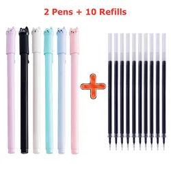 2 Pens +10 Refills Cute Cat Gel Pen Set 0.38mm Black Korea Stationery Signature Pen Smooth Writing
