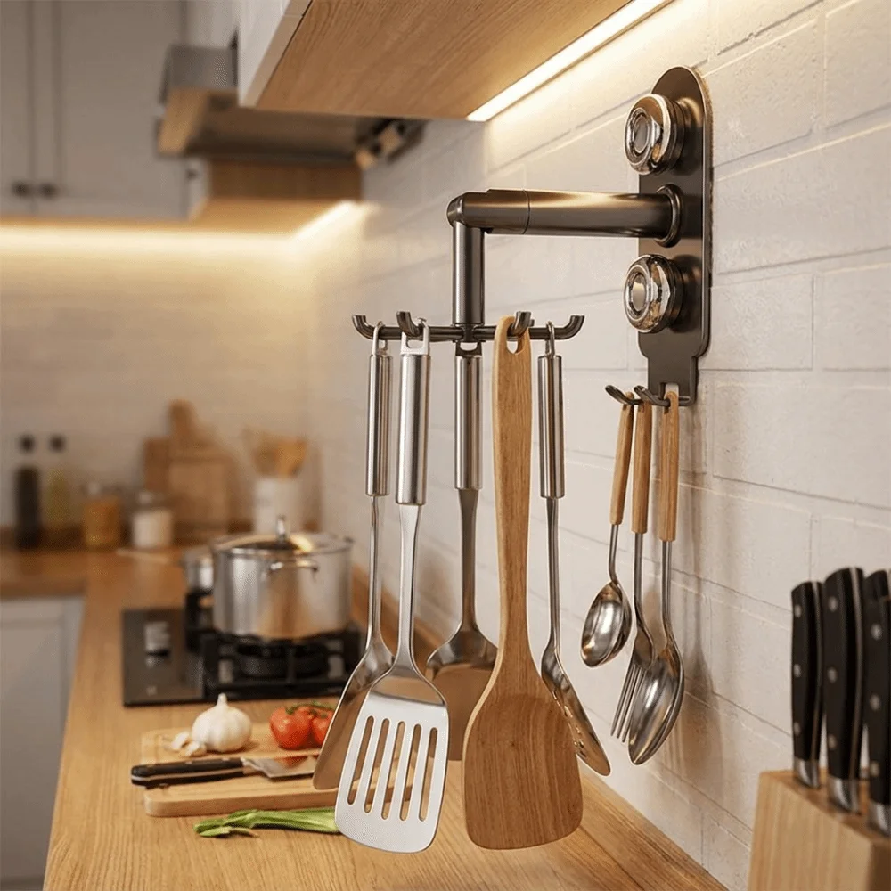 Wall Mounted Rotatable Storage Rack Space Saving No Drill 360° Rotating Hook Traceless Spatula Storage Rack