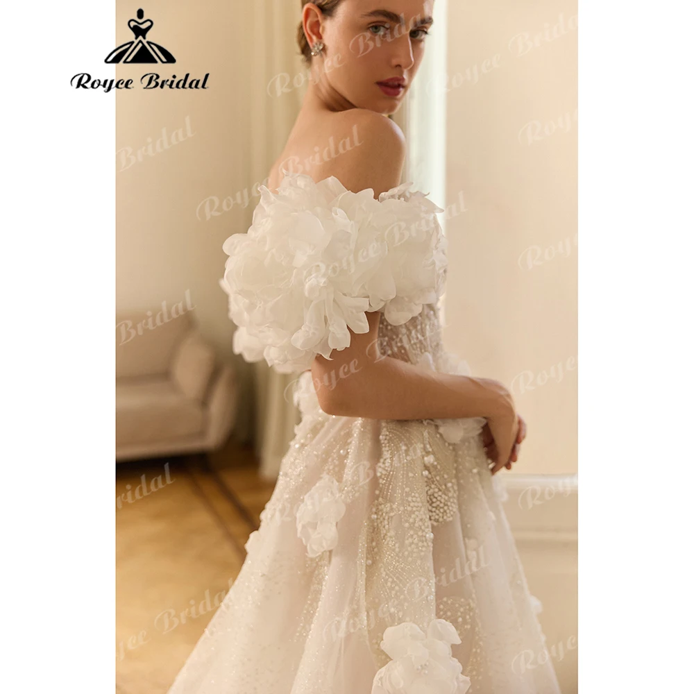 Off-the-Shoulder 3D Floral Wedding Dress Beaded Glitter Tulle Ball Gown Ball Gown with  Removable  Puff Sleeves  Customized