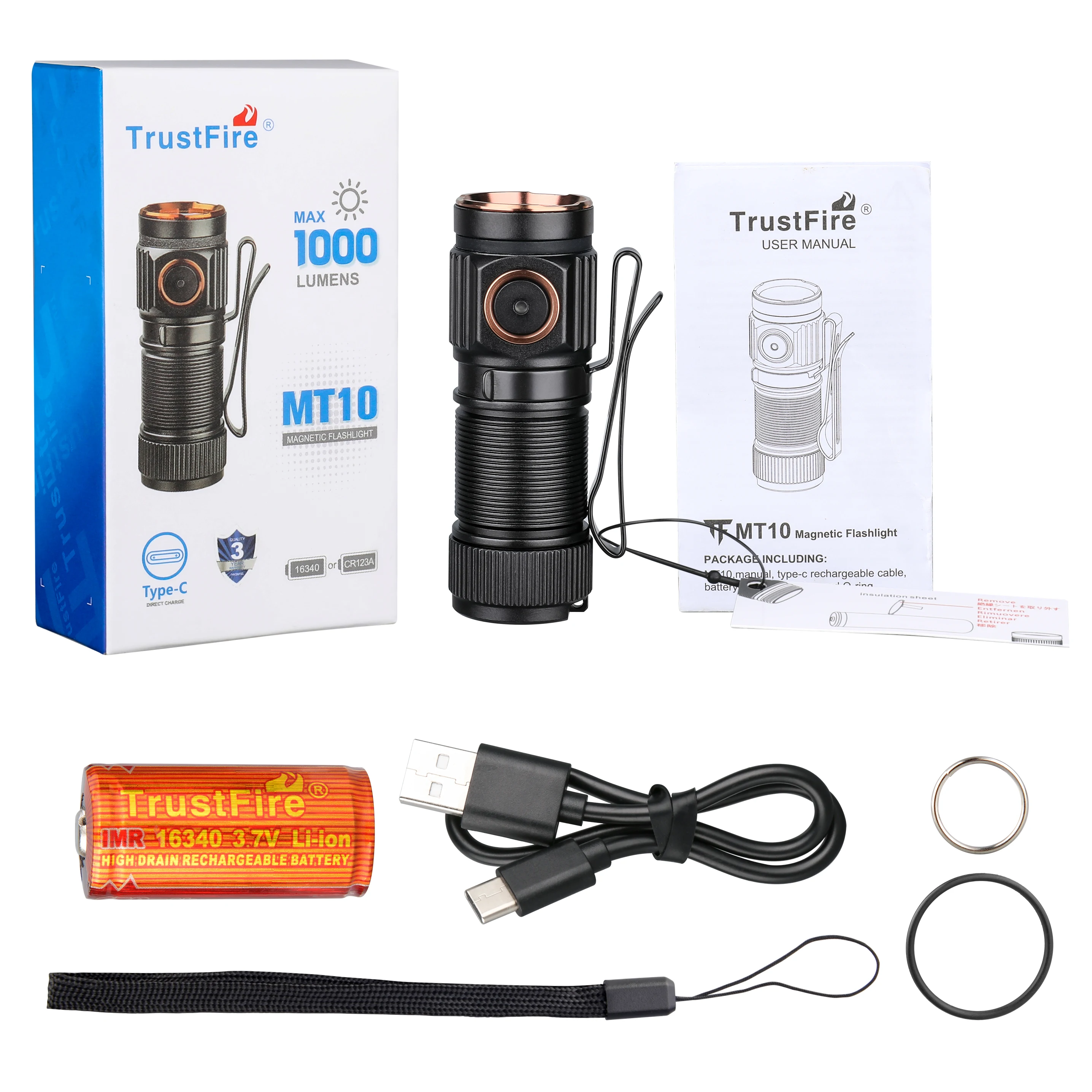 Trustfire MT10 wiederaufladbare LED-EDC-Taschenlampe, 1000 Lumen, Typ USB-C-Ladetaschenlampe, Mini 16340-Licht, MVB-Optik mit Magnet-Lan