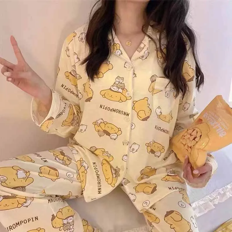 Kawaii Sanrio Pompom Purin Pajamas for Women Spring Autumn Long Sleeved Pants Cute Cartoon Home Furnishing Two Piece Set Gifts