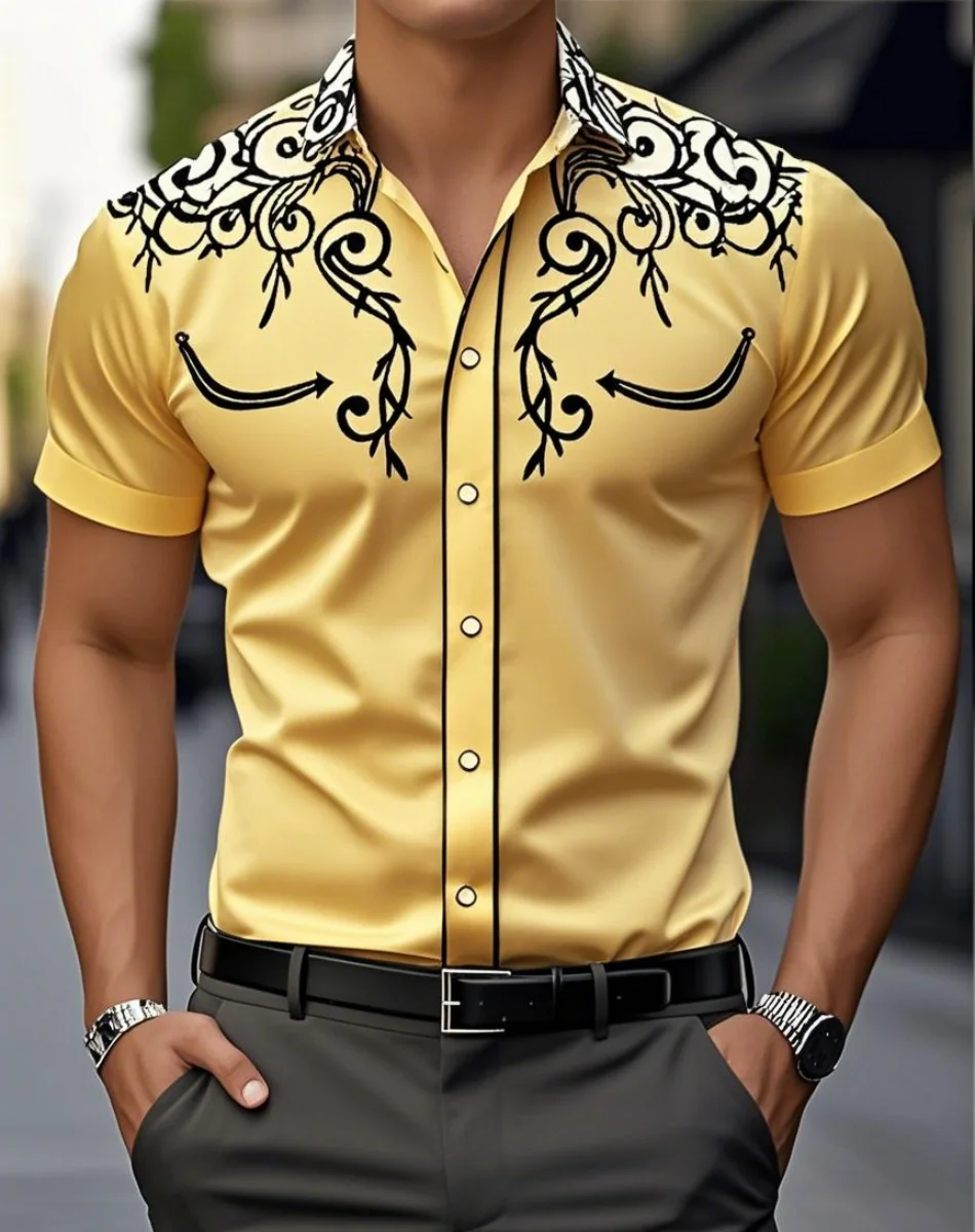 New men's 3D retro print denim shirt, short-sleeved shirt, outdoor street fashion, classic shirt, new shirt, Western-style shirt