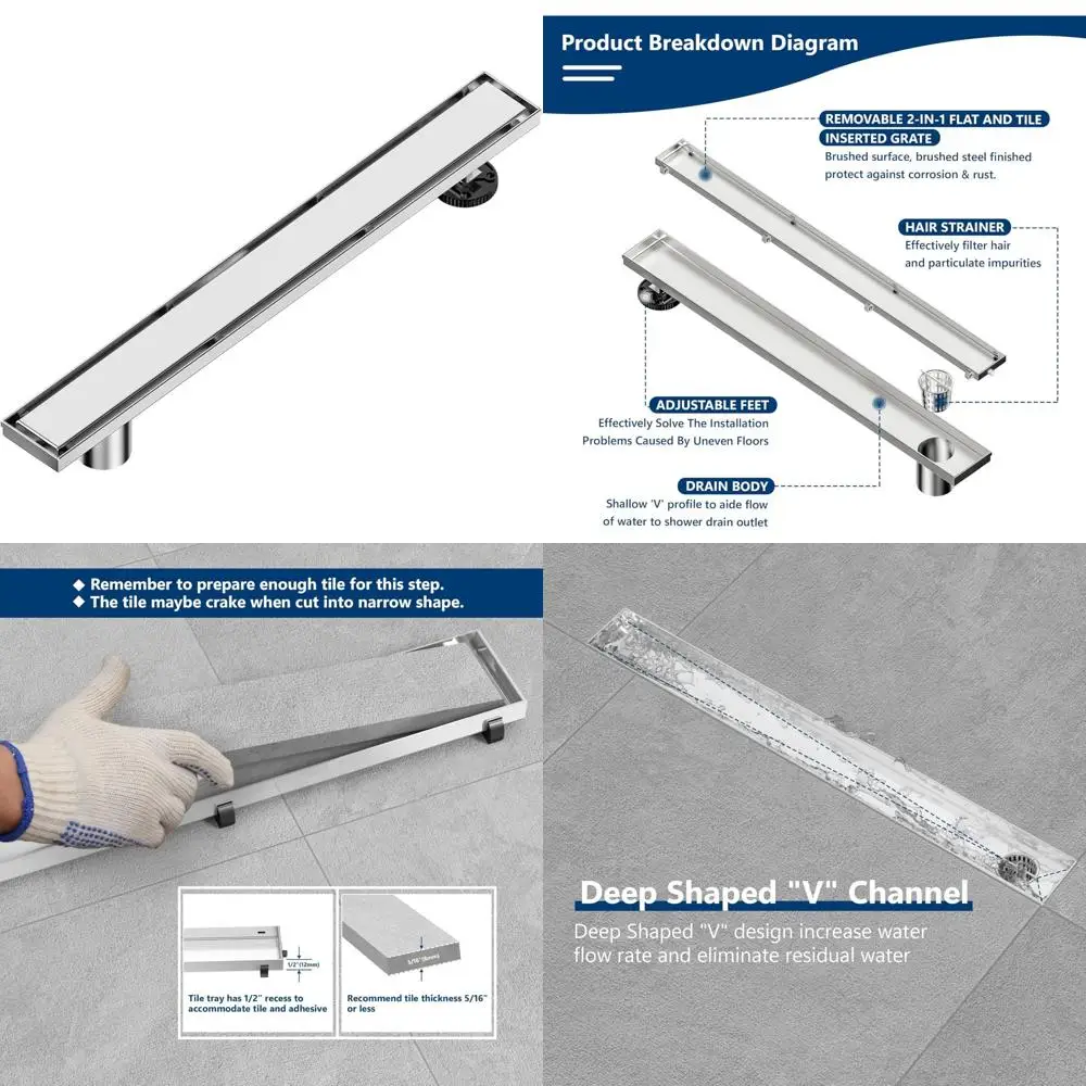 

18-Inch Stainless Steel Linear Offset Shower Drain with Tile Insert Grate Cover, Brushed Finish, Rectangle Side Outlet for Moder