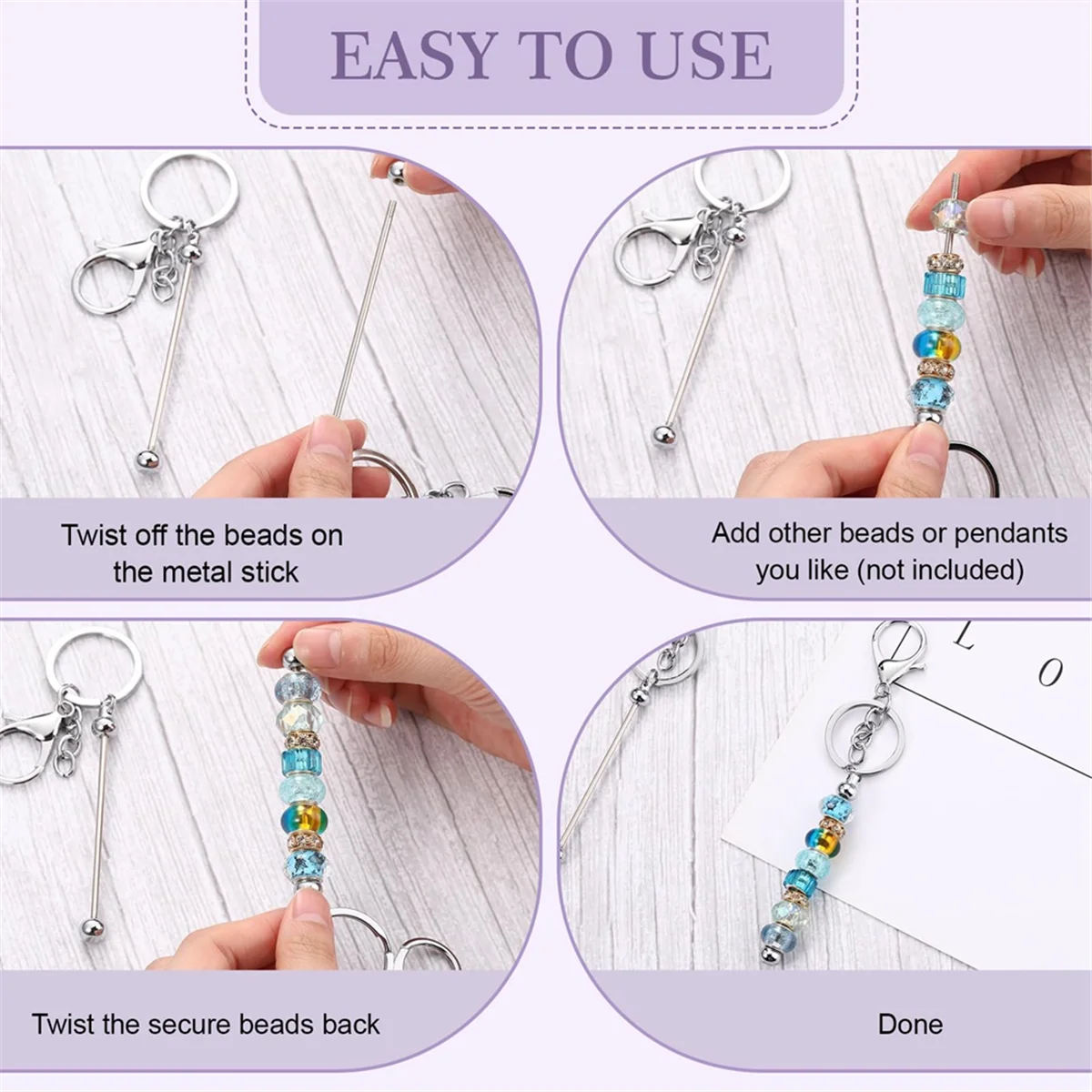 

A32P_24 Pcs Beadable Keychain Bars Bulk for Beads DIY Blank Keychain Metal Beaded Keychain for Bead Keychain Crafts Silver