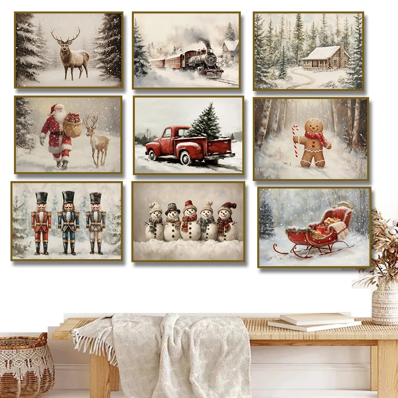 Vintage Winter Christmas Santa Xmas Tree Snowman Deer Posters Canvas Painting Prints Wall Art Picture for Living Room Home De