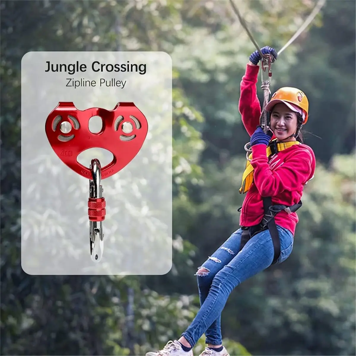 11·11coupon-pulley-zipline-trolley-kit-with-25kn-carabiner-double-dual-pulley-speed-dual-trolley-red-with-carabiner