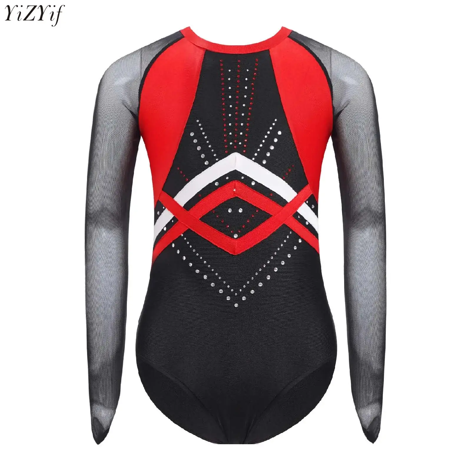 

Shiny Rhinestones Gymnastics Leotards Kids Girls Sheer Mesh Long Sleeve Color Block Patchwork Bodysuit Figure Skating Unitards