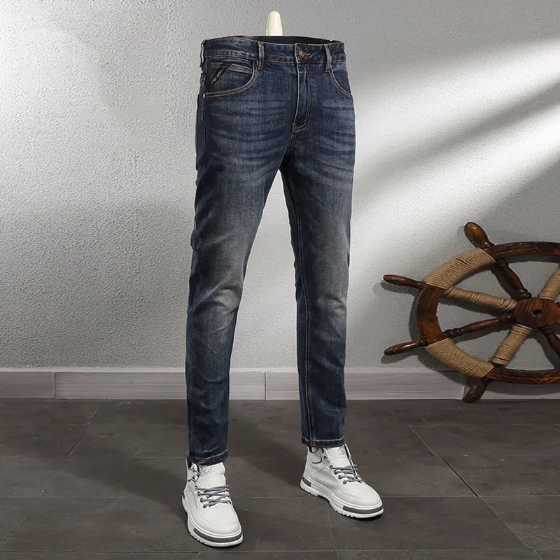 

Fashion Designer Men Jeans High Quality Retro Washed Blue Stretch Slim Fit Elastic Vintage Jeans Men Trousers Casual Denim Pants