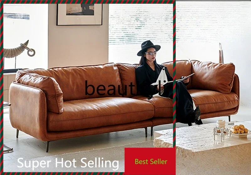 A71French retro oil wax leather sofa down first layer cowhide medieval small apartment split straight row sofa