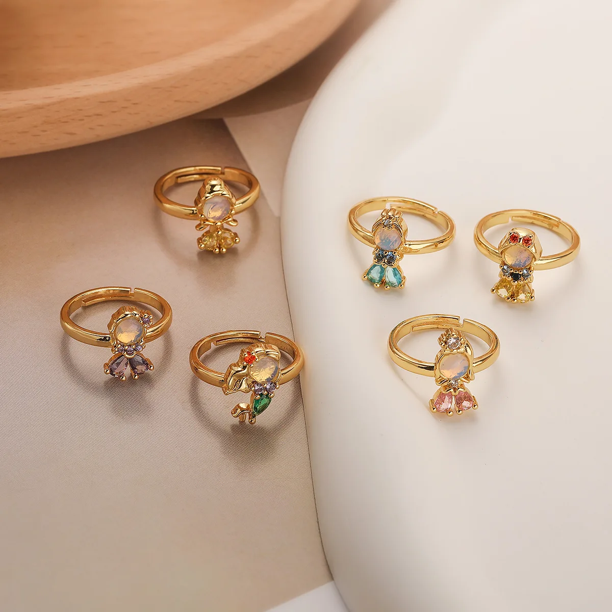 INS Sweet Girls Pink Crystal Princess Rings Copper Gold Plated Open Rings Mermaid Rings for Women Dainty Jewelry Gifts