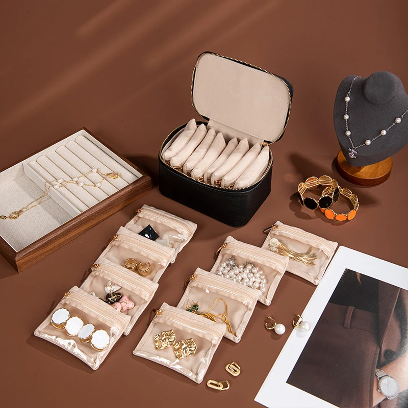 حقيبة تنظيم مجوهرات السفر، حقائب المجوهرات لتخزين المجوهرات مع 8 أكياس مخملية شفافة بسحاب للسفر والأقراط #6