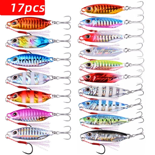 Jig lento de Metal, cuchara fundida, 15g- 40g, 50g, cebo Artificial, pesca en orilla, Jigging, plomo, raya de Metal, Señuelos de Pesca, plantillas, juego de señuelos de 17 piezas