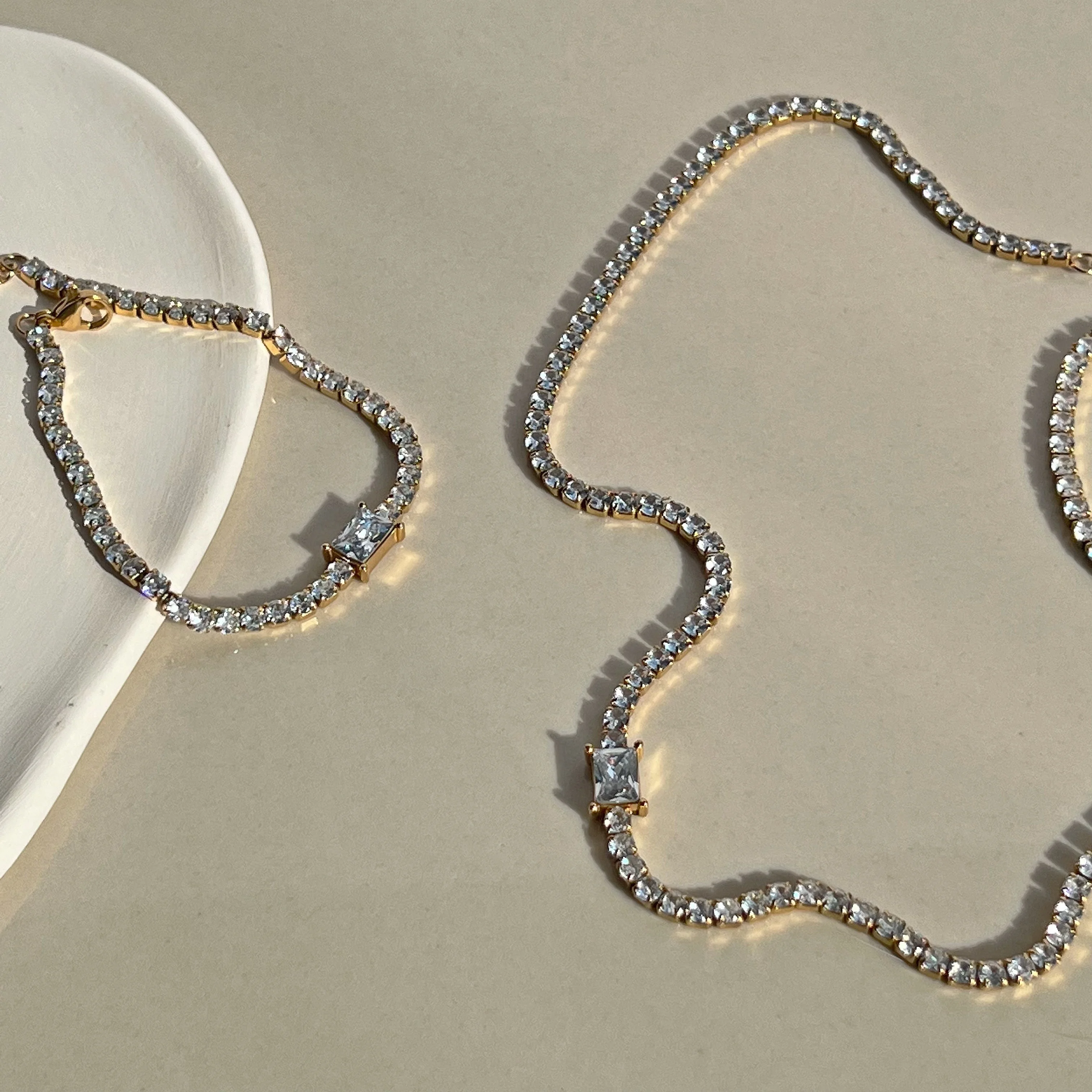 

DASEIN 2025 New Ins 18k Gold Plated White Tennis Zircon Chain Bracelet Necklace Stainless Steel Jewelry for Women Gift