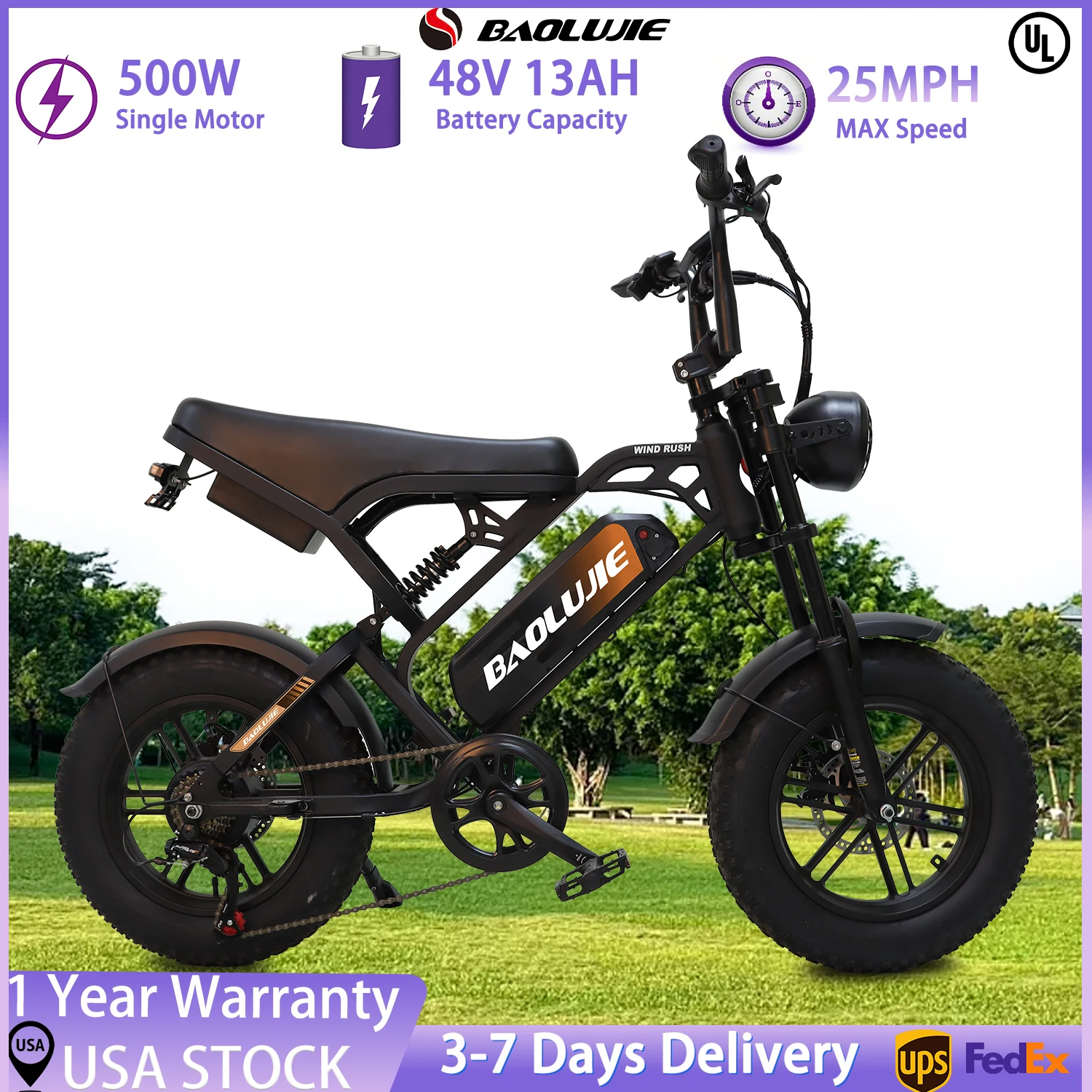 

【1 Year Warranty】BAOLUJIE F2 Electric Bicycle,500W Motor,48V 13AH Battery 16"*4" Tires E-bike Mountain Snow Electric Bike UL2849