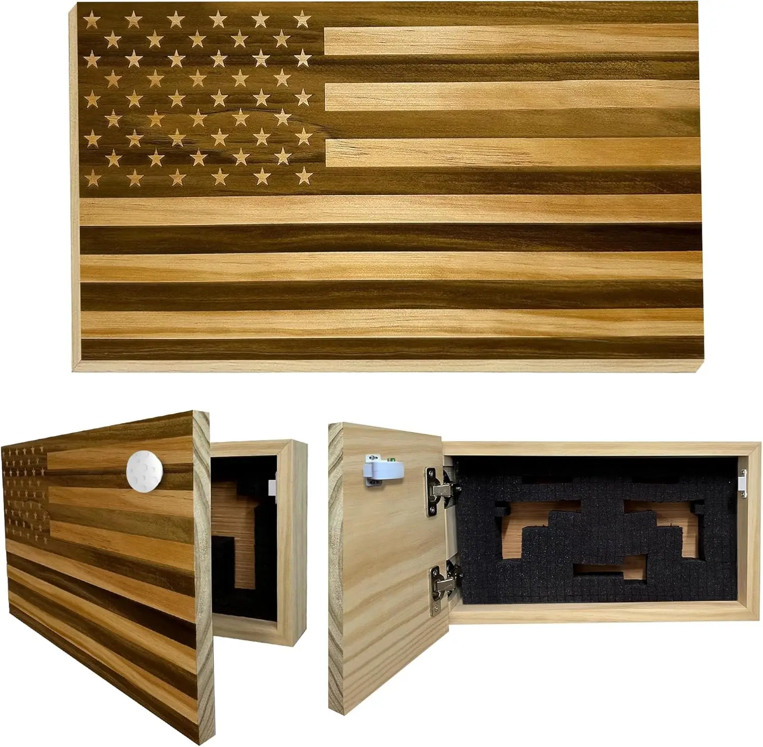 American Flag Hidden Gun Safe with Magnetic Lock - Quick Access Concealment Shelf for Secure Firearm Storage, Handcrafted in USA