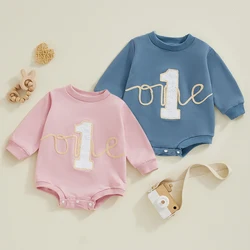 0-18M Baby Girl Boy 1st Birthday Outfit Leeter Print Long Sleeve Crew Neck Sweatshirt Bubble Romper for Toddler Autumn Clothing