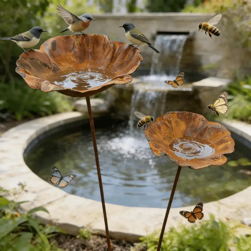 Rostbeständiger Gartenpfahl-Vogeltränke-Futterständer, 2er-Pack, Metalldekoration für Terrasse, Garten und Außenbereich – Detail 2