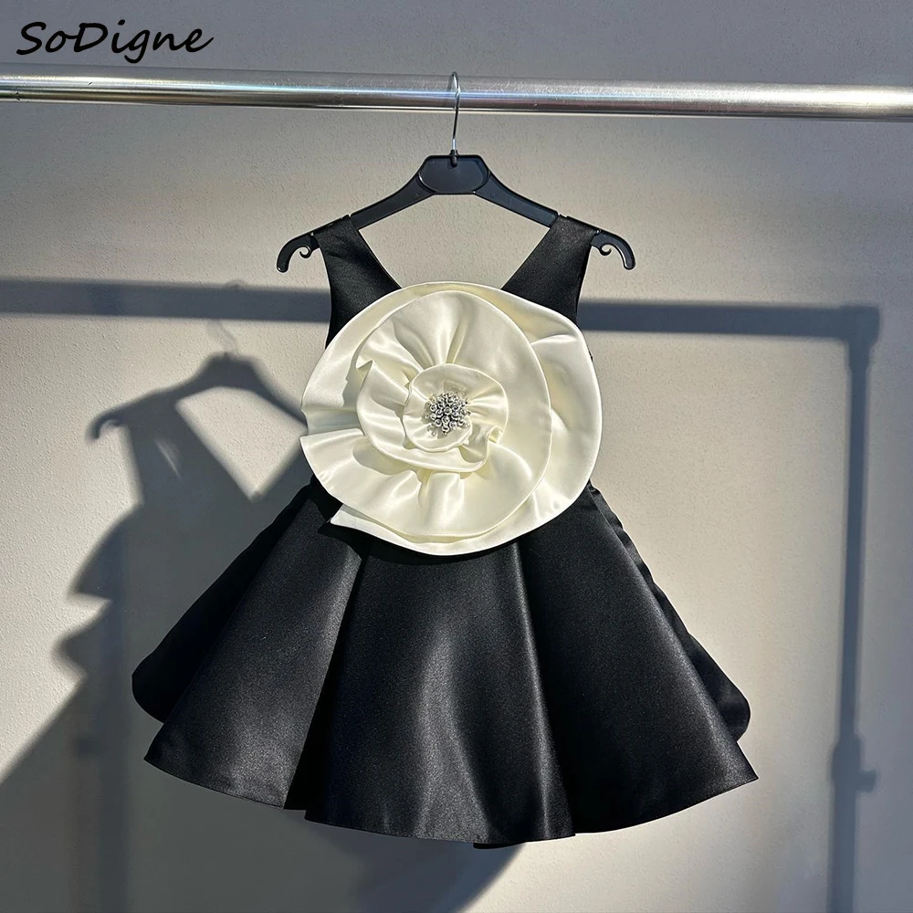 

SoDigne A-line Satin Black Flower Girl Dress 3D Flower Sleeveless Arab Princess Kid Gown Birthday Party Dresses Customized