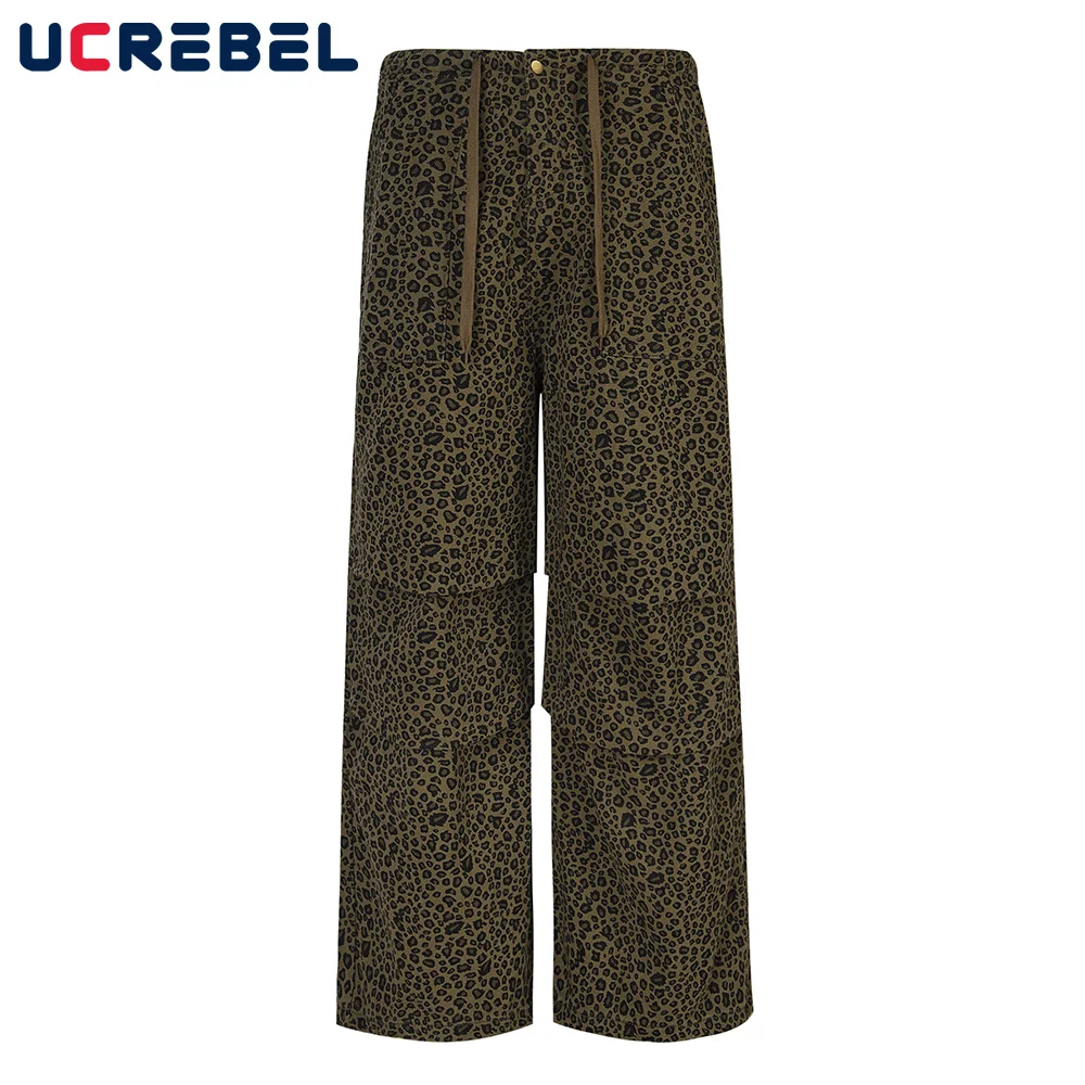 leopard print Spliced Casual Pants Mens Pleated  High Street Drawstring elastic waist Loose Wide leg Trousers Men