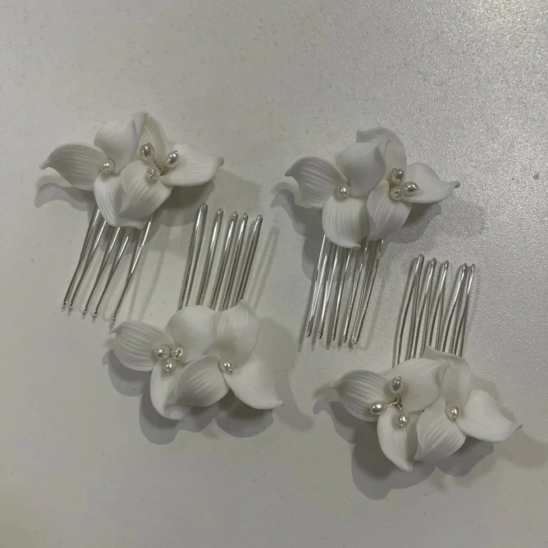 

Elegant White Flower Hair Combs Bride Wedding Hair Jewelry Ceramics Floral Hairpins Pearls Decor Women Party Hair Ornaments