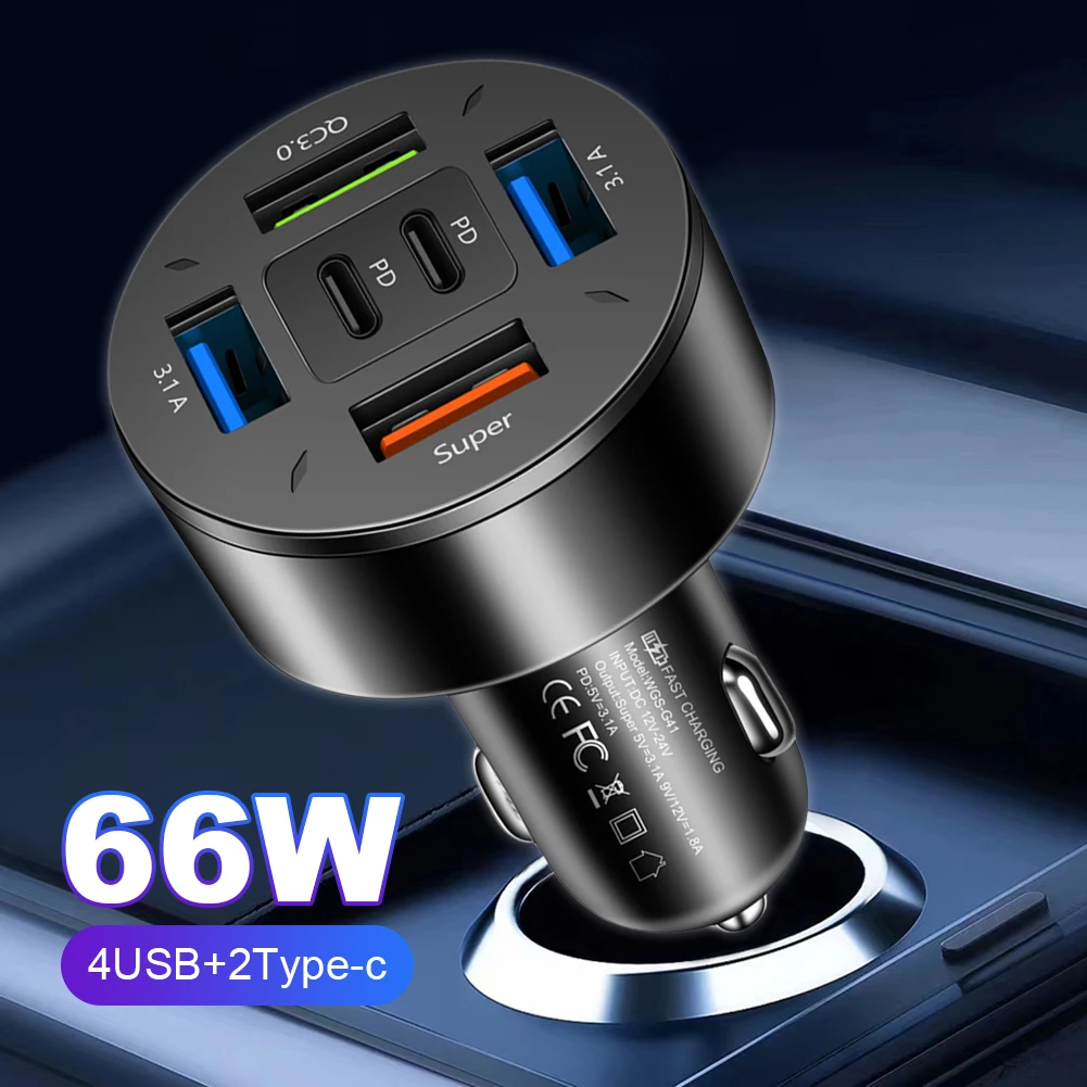 

66W 6-Port Car Charger Adapter Quick Charge QC3.0 PD Type C Mobile Phone Charger 12-24V USB A+USB C for iPhone Huawei Samsung