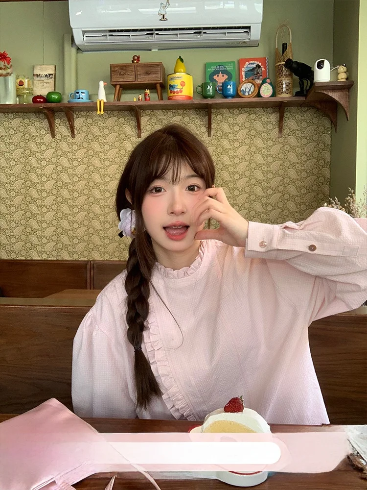 

Holid Map, весна 2024, розовый Bubble Sve irt, узор, красивый маленький топ, свободный крой, длинный све, смесь хлопка и полиэстера