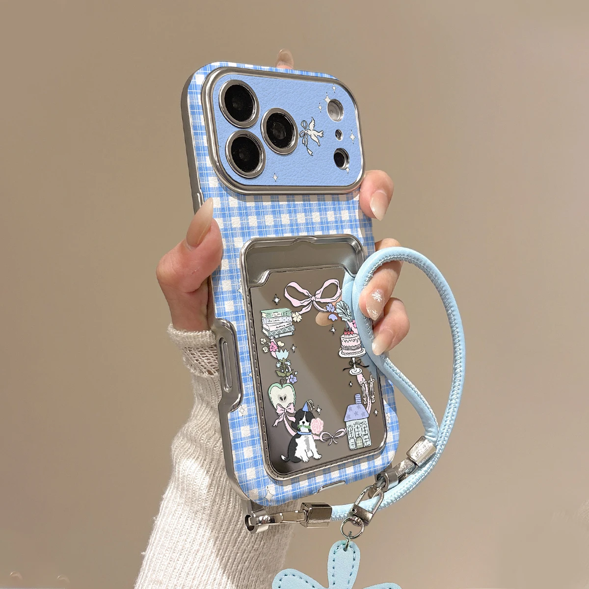 Blue Plaid Cartoon Cat Mirror Card Slot Phone Case With Blue Flower Leather Wrist Strap Shockproof PU Leather Cover For iPhone 1