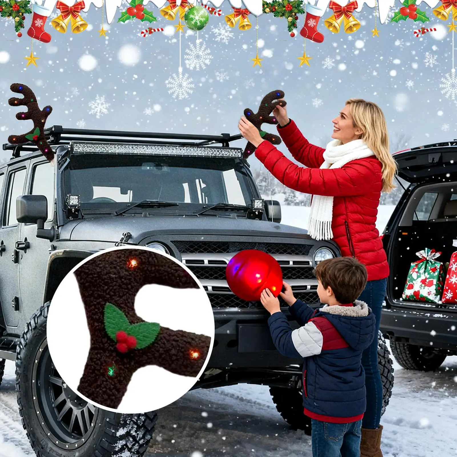 Christmas Reindeer for Car Holiday Auto Exterior Accessories Reindeer Christmas Decoration Car Costume for Suv Van Truck Vehicle