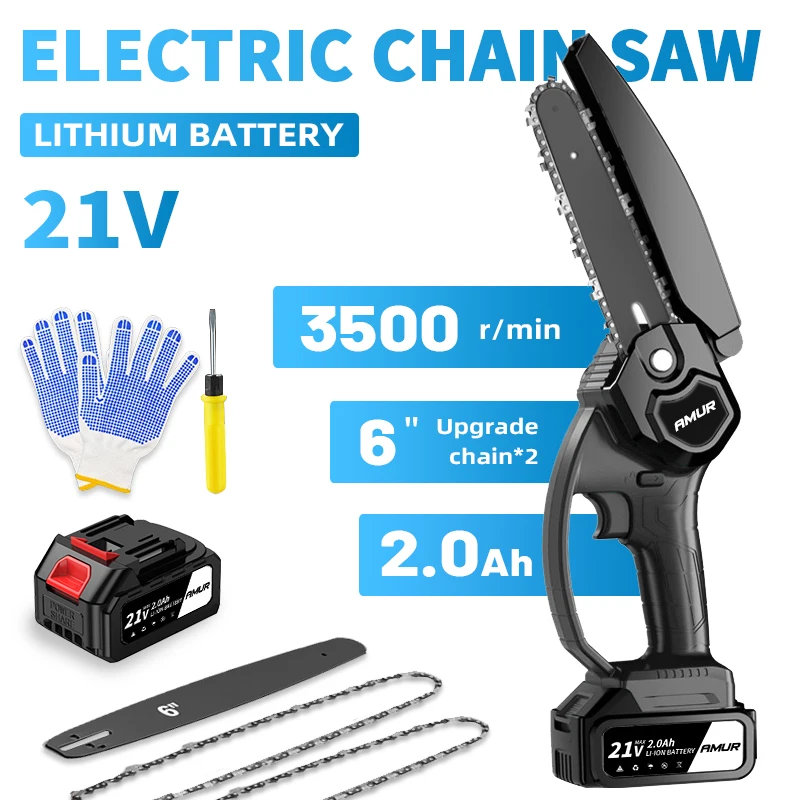 6 Inch 21V 2.0Ah Mini Chainsaw Powerful Cordless Rechargeable Handheld Small Electric Saw Powered by 2000mAh Battery