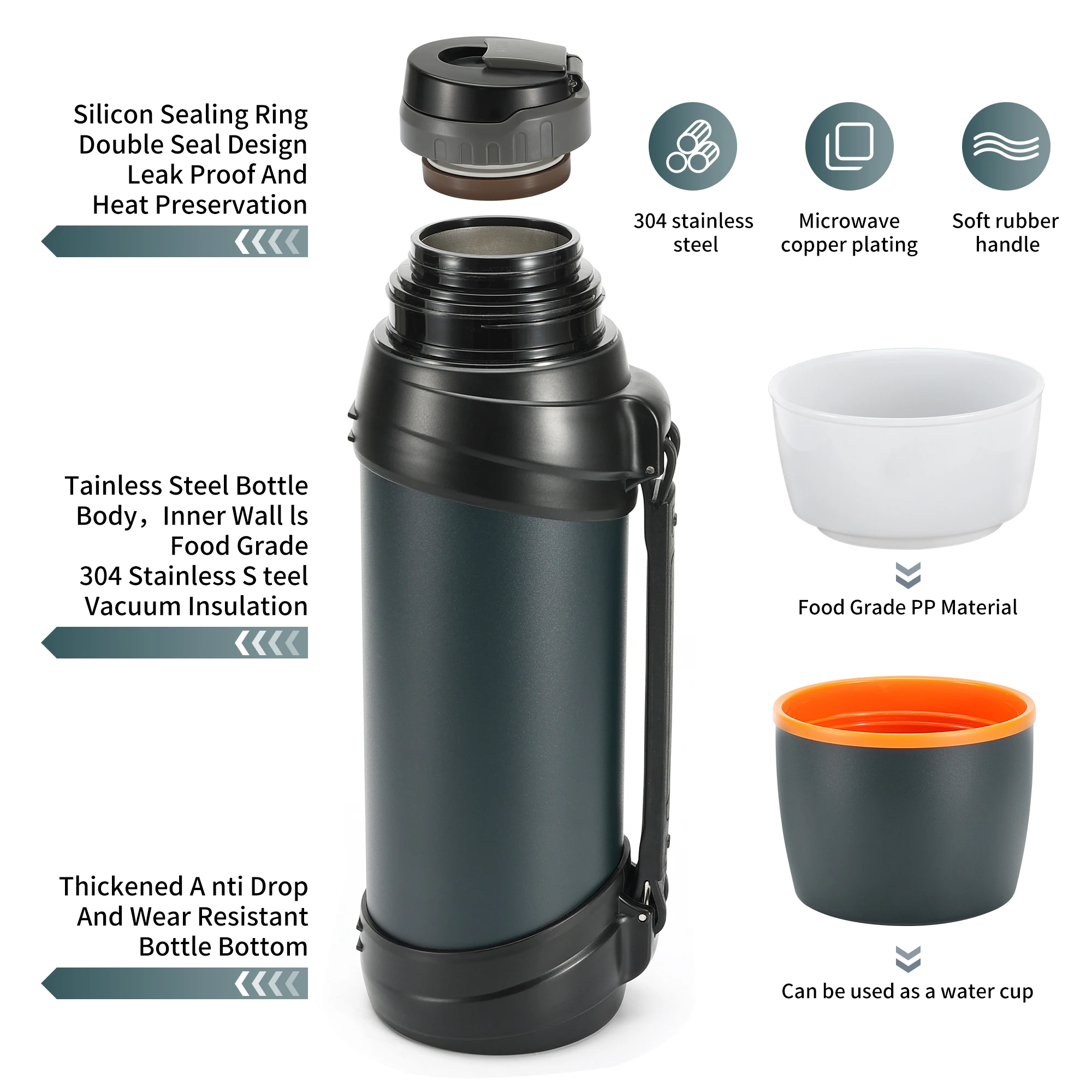 Large Flask - 2.5l Stainless Steel Insulated Bottle for Travel with BPA Free Cup - Oversized Vacuum Bottle