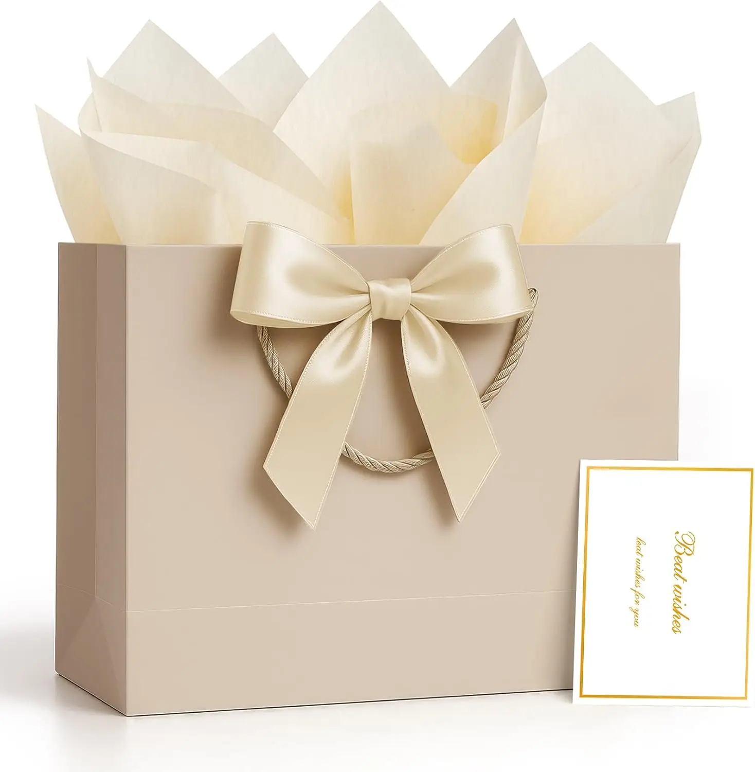 

Gift Bag, 1 PCS Large Gift Bags with Handles with Ribbon and 2 Tissue Paper 1 Greeting Card, Luxury Champagne Beige Paper Gift B