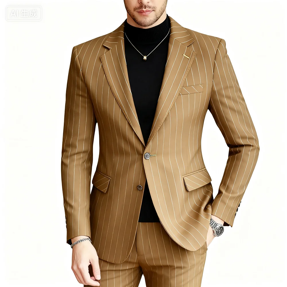 

Элегантный синий темно-синий мужской полосатый деловой пиджак, приталенный смокинг, повседневный свадебный костюм, однобортный пиджак с остроконечными лацканами