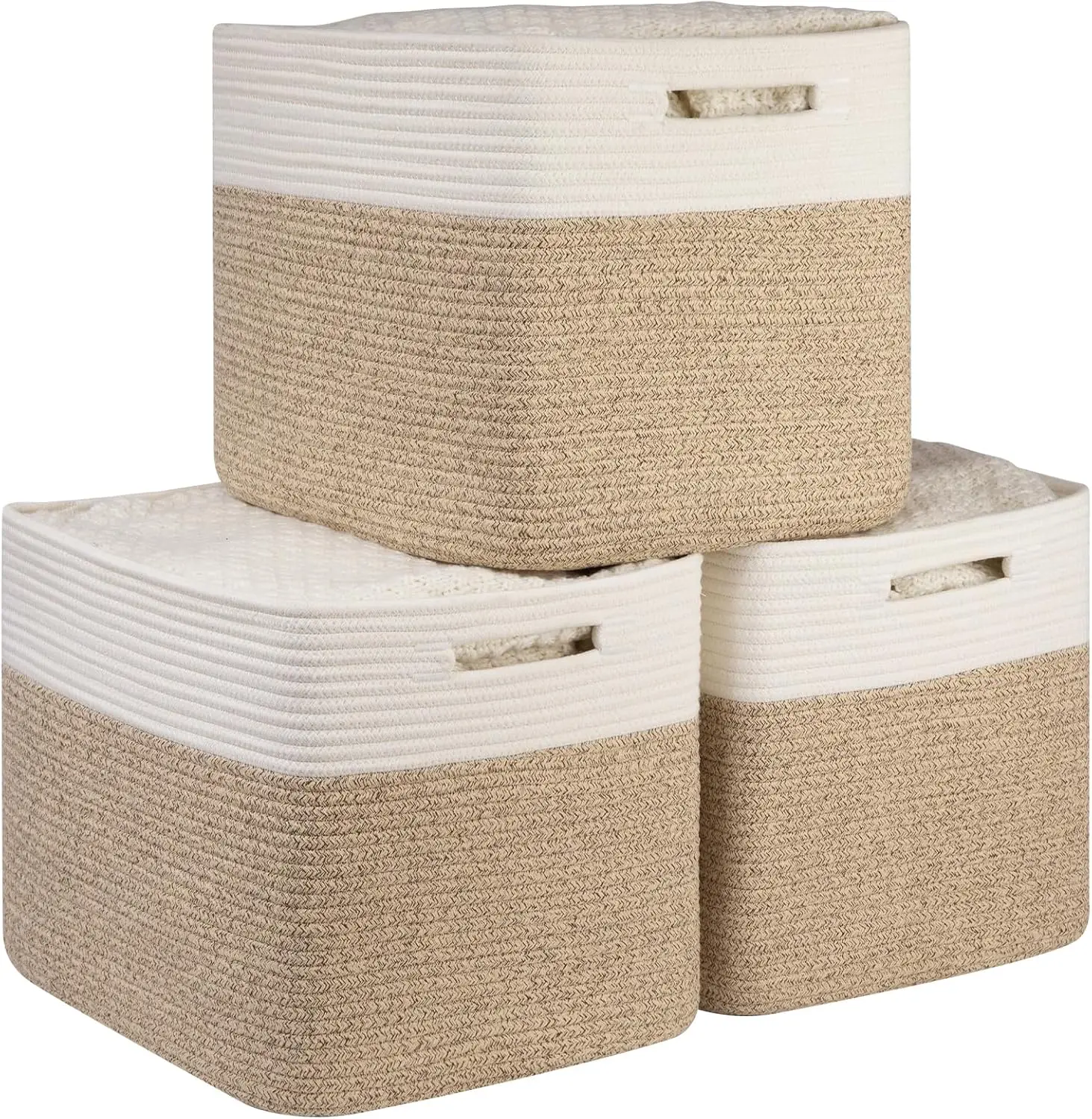 

13 Inch Cube Storage Bins, 3-Pack Cotton Rope Woven Baskets for Organizing Shelves, Nursery, Closet, Brown & White
