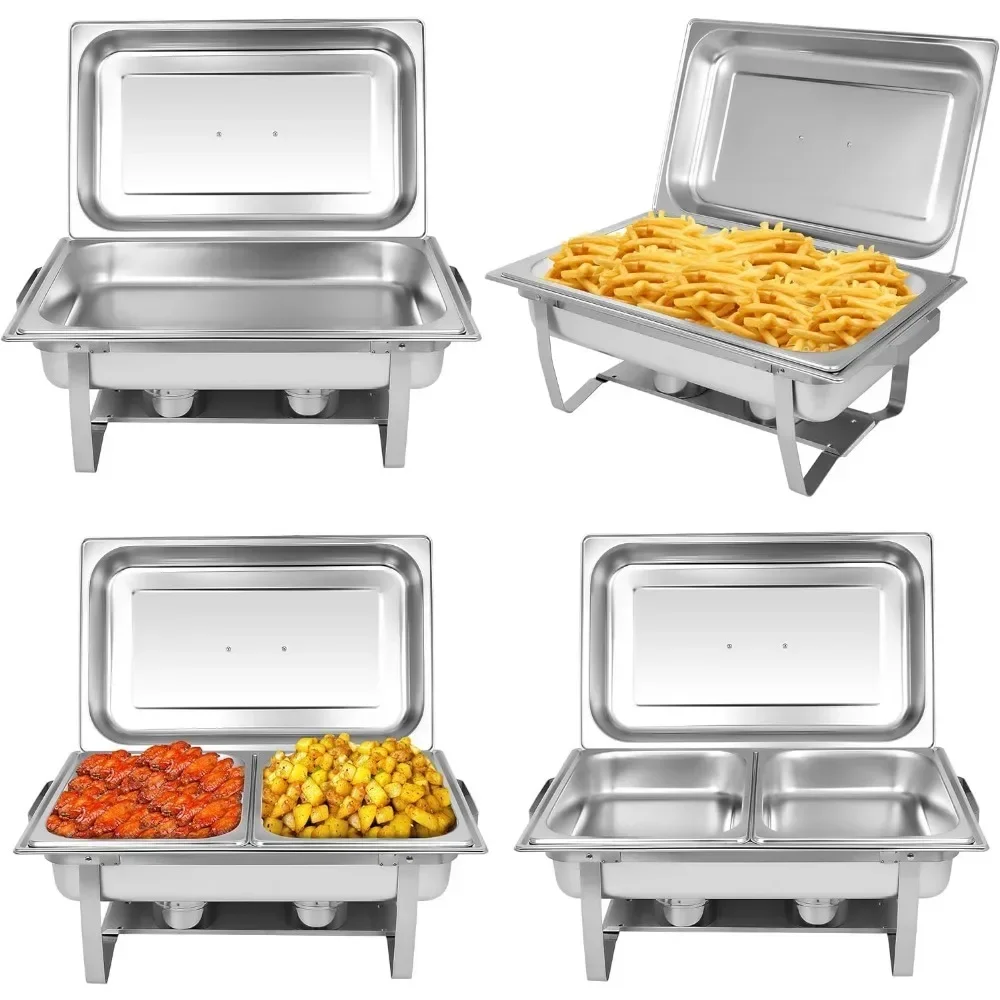 -Juego de buffet con plato atrito [paquete de 4] chafers de buffet de acero inoxidable de 8 cuartos, juego de calentadores de alimentos para catering con 6 bandejas