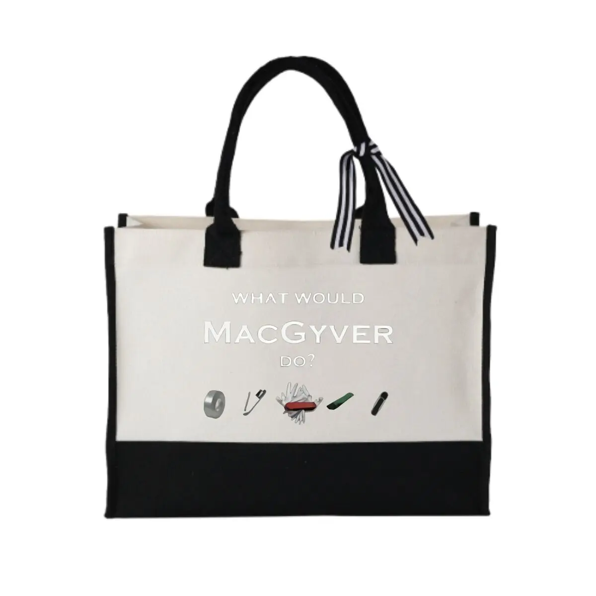 

What Would MacGyver Do Themed Graphic Foldable Patchwork Canvas Tote for Hiking Trail Snacks