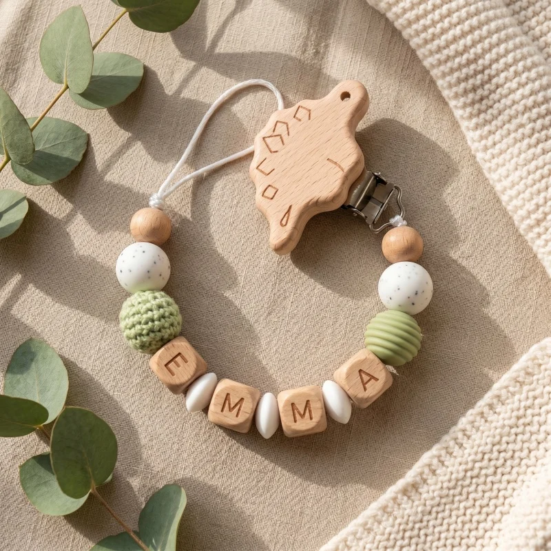 Gepersonaliseerde fopspeenclip met aangepaste naam, siliconen houten kralen, baby-bijtringketting, fopspeenhouder, BPA-vrij, kraamcadeau voor pasgeborenen