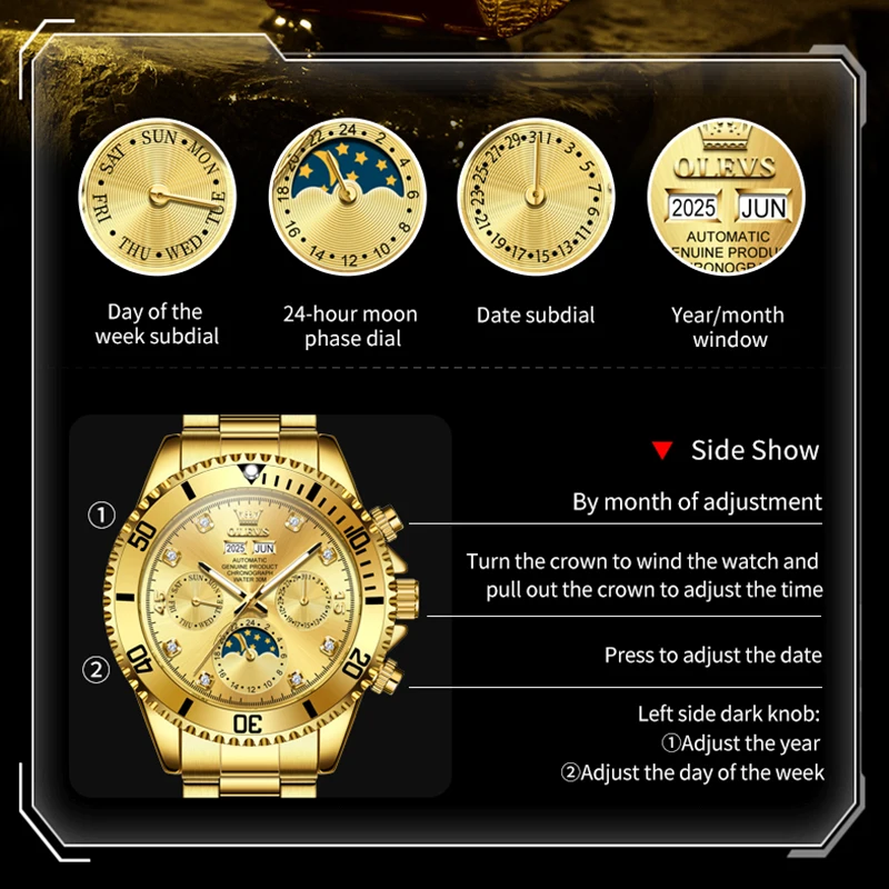 OLEVS 6729 Мужские часы, полностью автоматические механические часы, водонепроницаемые часы из нержавеющей стали с фазой Луны для мужчин, оригинальные мужские подарки