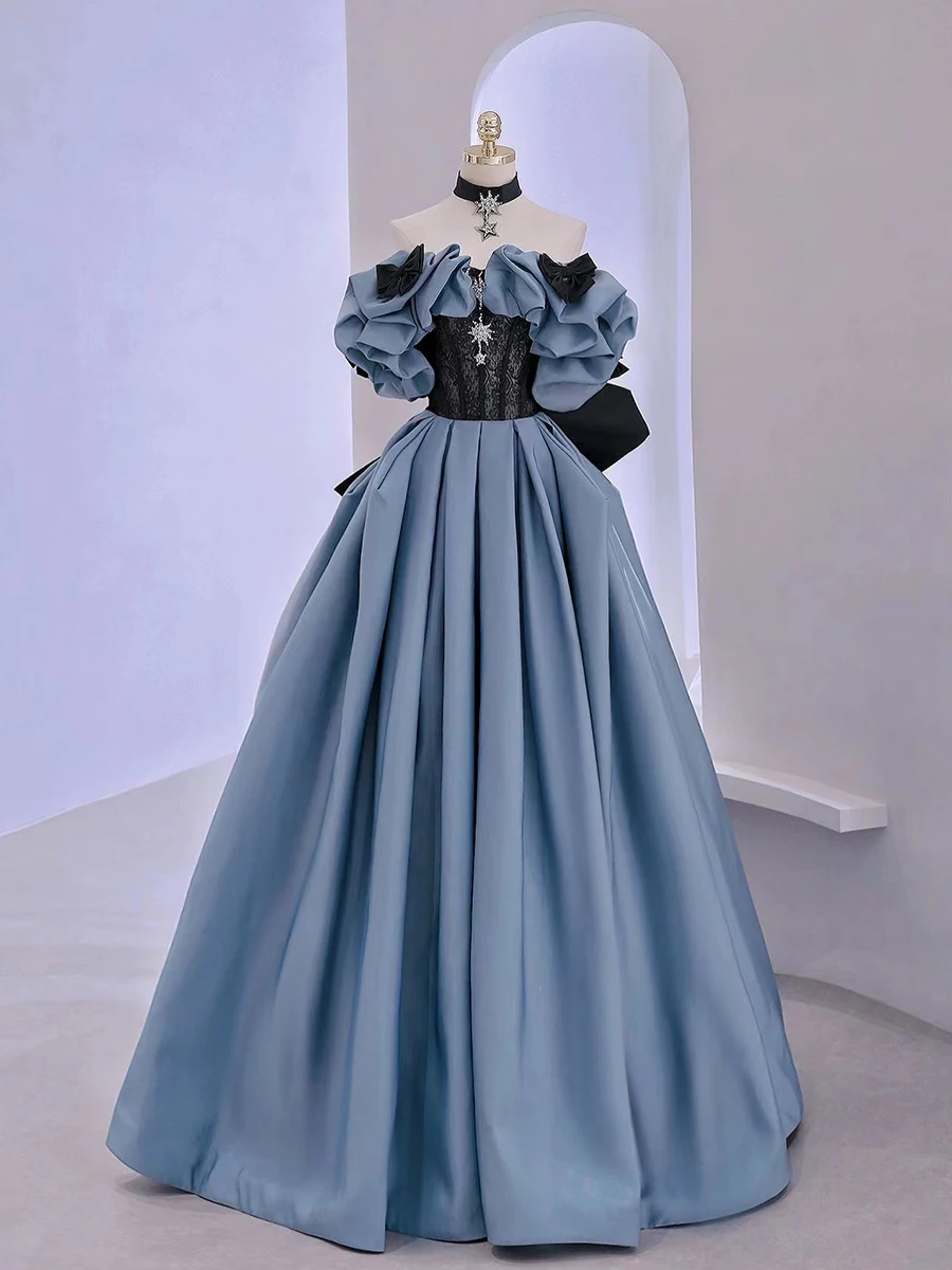 Ball Gown Light Luxury Blue Satin High-End Banquet Evening Dress Short Sleeves Off-The-Shoulder Covering Meat Princess Dress