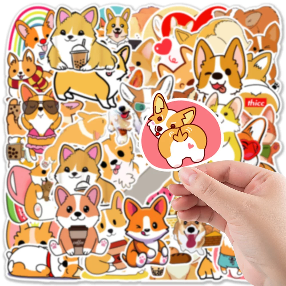 Pegatinas de dibujos animados serie Corgi Pet para equipaje, portátil, IPad, diario, casco, impermeables, venta al por mayor, 10/30/50 piezas