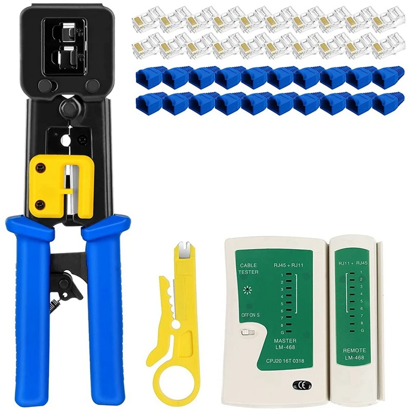 

RJ45 Crimp Tool Kit Pass Thru Cat5 Cat5e Cat6 RJ45 Crimping Tool With 20PCS RJ45 Cat6 Pass Through Connectors