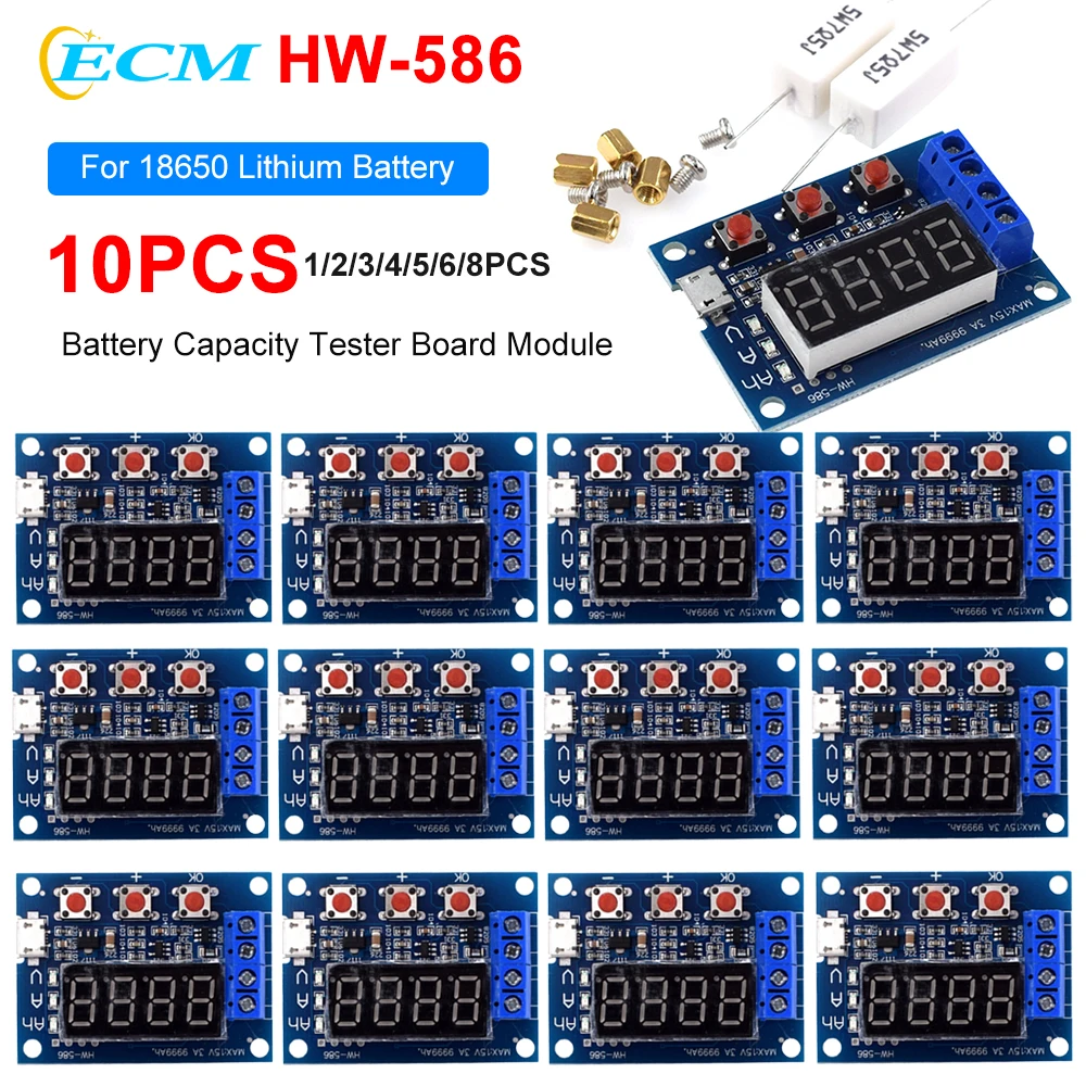 HW-586 Battery Tester LED Digital Display 18650 Lithium Battery Power Supply Test Resistance Lead-acid Capacity Discharge Meter