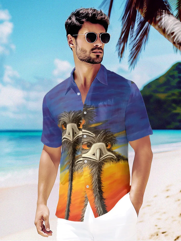 Summer Hawaiian Shirt Fashion Ostrich Print Tops Beach Fashion Men Shirt Party Streetwear Shirts Short Sleeve Male Clothes