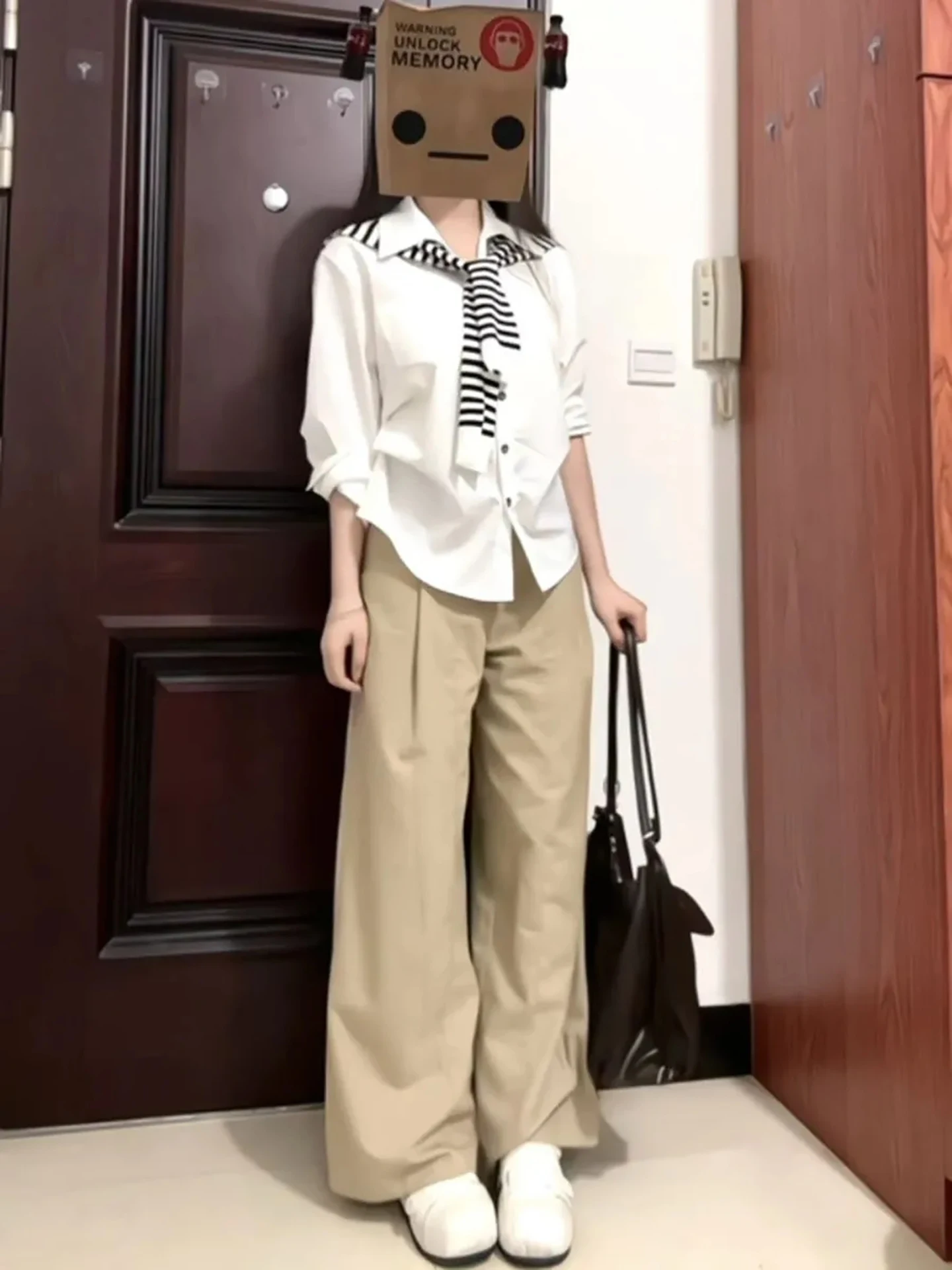 

Commute Style White Shirt Striped Shawl Design Set Women's Fashion Korean Version Straight Cut Long Sleeve Collar Button up