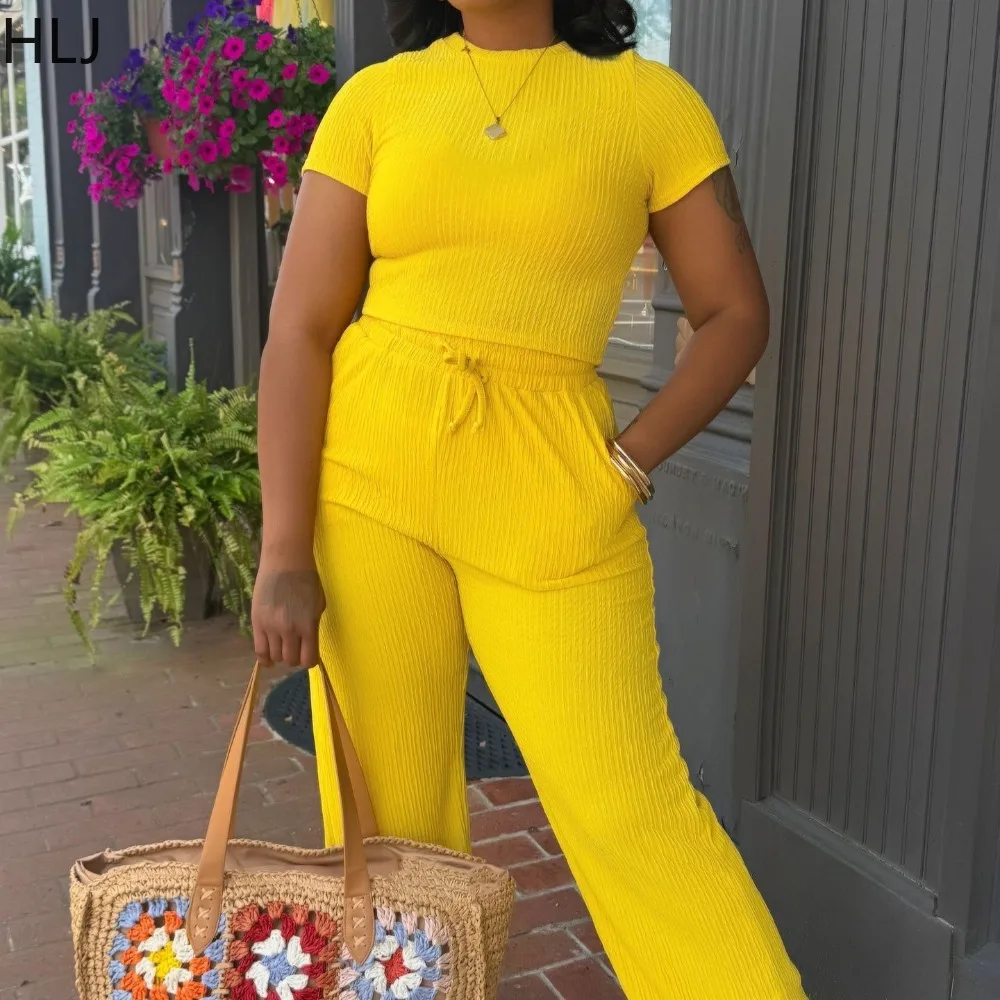 HLJ Casual Ribbing 2 Piece Sets Woman Outfit Sleeveless Ruched Patchwork Crop Top and Pants Suits Female Streetwear 2025 New