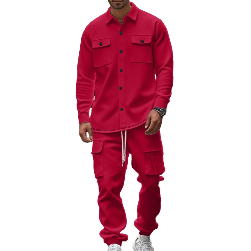 Men's Fleece Lined 2-Piece Outfit Button Down Shirt Jacket Cargo Pants Suit