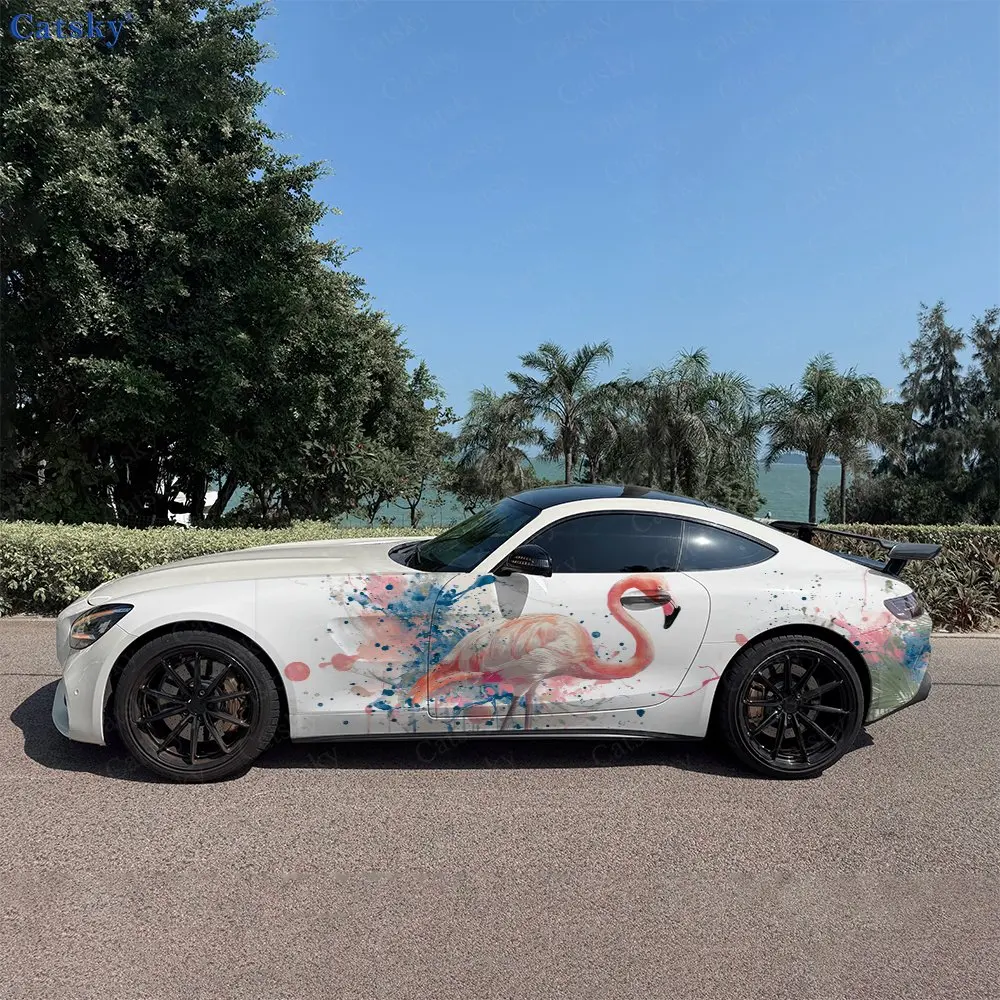 

2pcs Pink Ink Flamingo Shadow, Durable, Fade-resistant, Enhance Vehicle Aesthetics With Bold Artistic Design Car Vinyl Wraps