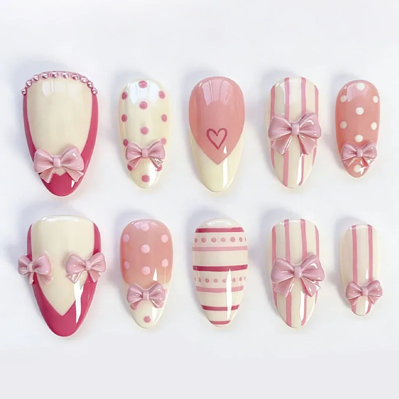 

24Pcs Mid-length Almond False Nails Pink Stripe Polka Dot French Press on Fake Nails 3D Bow Rhinestone Detachable Manicure Tips