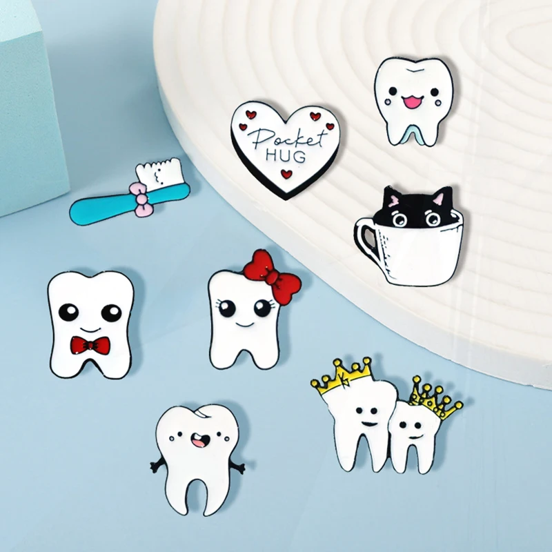 Pins Tooth Crown Toothbrush Cartoon Metal Badge Punk Clothing Lapel Pins Jewelry Accessories Gift Cute Teeth Enamel Pin Bow Hair