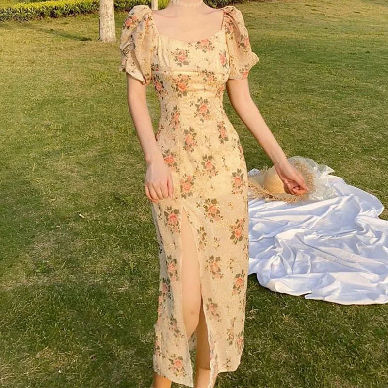 1PC Women Lace Polyester Dress Floral Print Square Neck Collar Long Dress Summer Puff sleeve