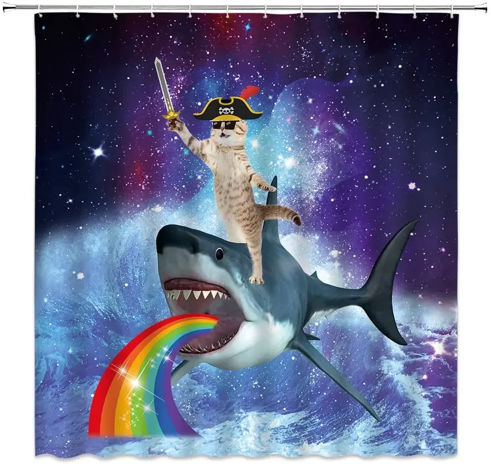 Funny Pirate Cool Cat Riding Shark in Universe Galaxy Ocean Wave Polyester Cloth Fabric Curtains Decor